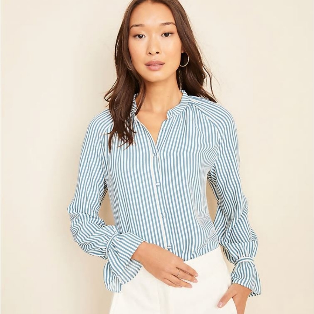 Striped shirred button down top